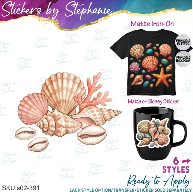 (s02-391) Seashells Shells Watercolor Graphic Iron-On Transfer or Sticker
