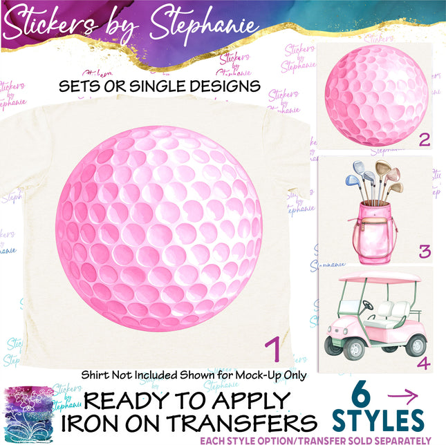 (s02-397) Pink Golf Ball Cart Watercolor Graphic Iron-On Transfer or Sticker