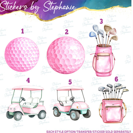 (s02-397) Pink Golf Ball Cart Watercolor Graphic Iron-On Transfer or Sticker