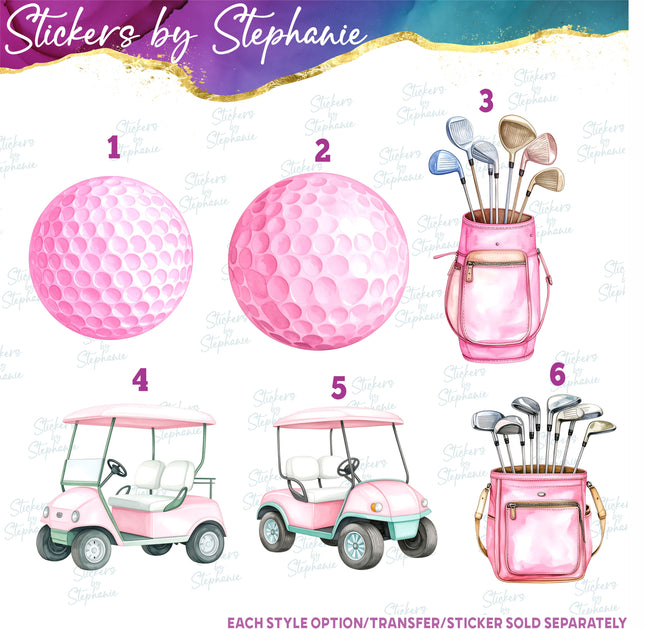 (s02-397) Pink Golf Ball Cart Watercolor Graphic Iron-On Transfer or Sticker
