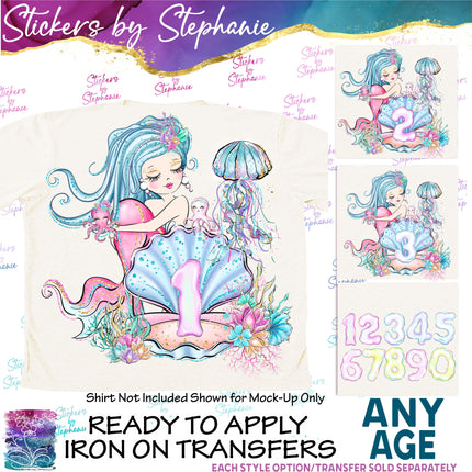 (s02-399) Mermaid Age Number Graphic Iron-On Transfer or Sticker
