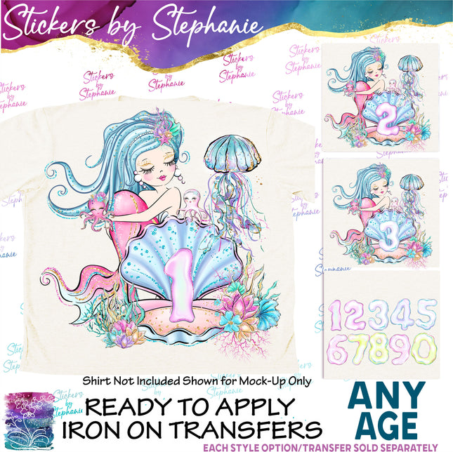 (s02-399) Mermaid Age Number Graphic Iron-On Transfer