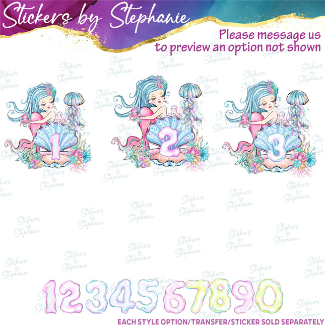 (s02-399) Mermaid Age Number Graphic Iron-On Transfer