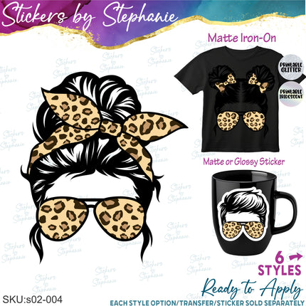 (s02-004) Messy Bun Family Leopard Print Sunglasses Graphic Iron-On Transfer or Sticker