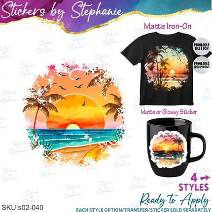 (s02-040) Beach Ocean Sunset Landscape Watercolor Graphic Iron-On Transfer or Sticker