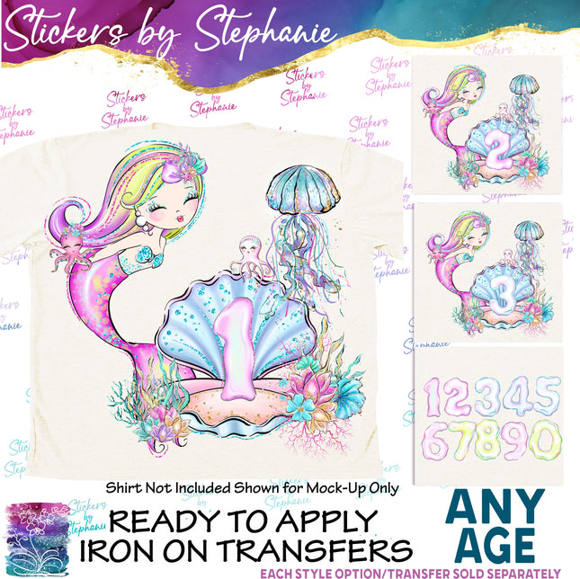 (s02-401) Mermaid Age Number Graphic Iron-On Transfer