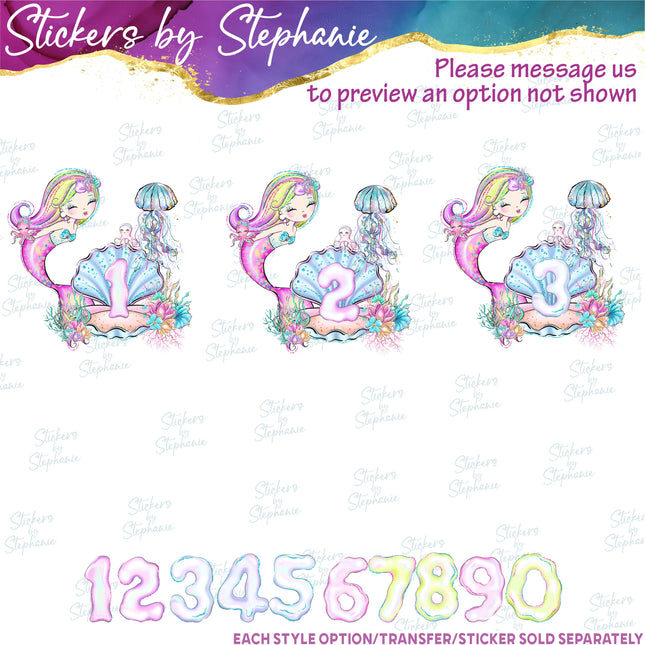 (s02-401) Mermaid Age Number Graphic Iron-On Transfer