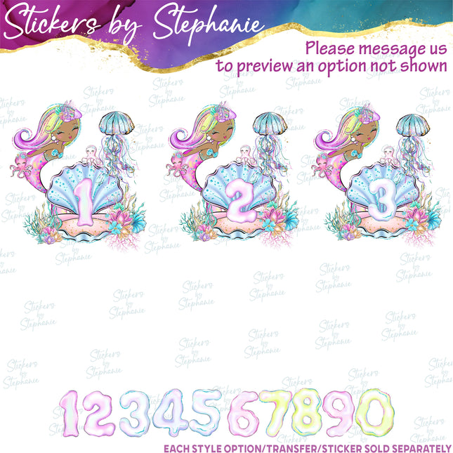 (s02-402) Mermaid Age Number Graphic Iron-On Transfer