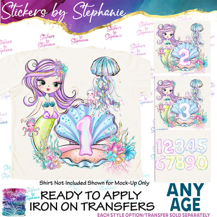 (s02-403) Mermaid Age Number Graphic Iron-On Transfer or Sticker