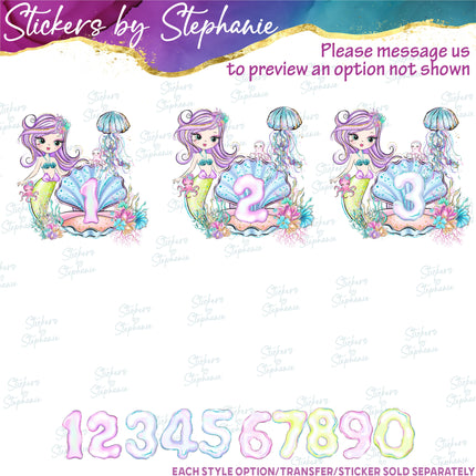 (s02-403) Mermaid Age Number Graphic Iron-On Transfer or Sticker