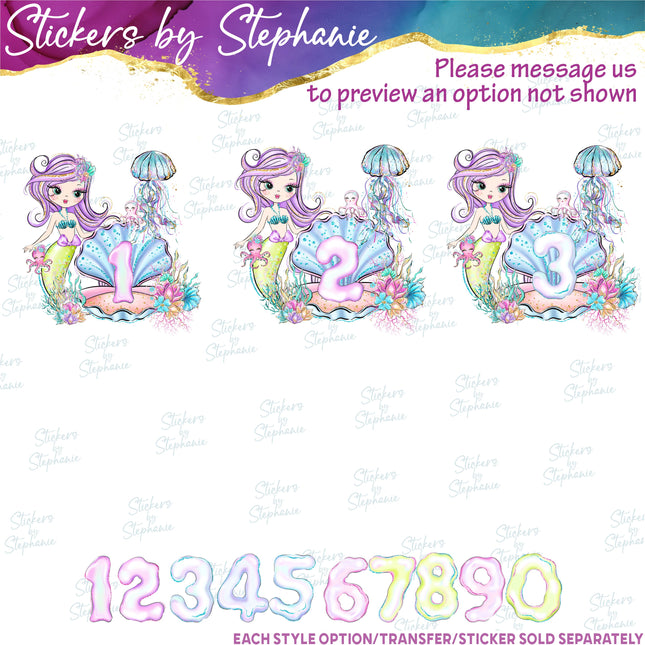 (s02-403) Mermaid Age Number Graphic Iron-On Transfer