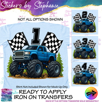 (s02-204) Monster Truck Age Number Graphic Iron-On Transfer or Sticker