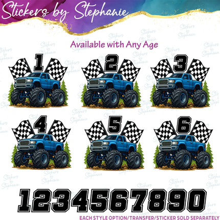 (s02-204) Monster Truck Age Number Graphic Iron-On Transfer or Sticker