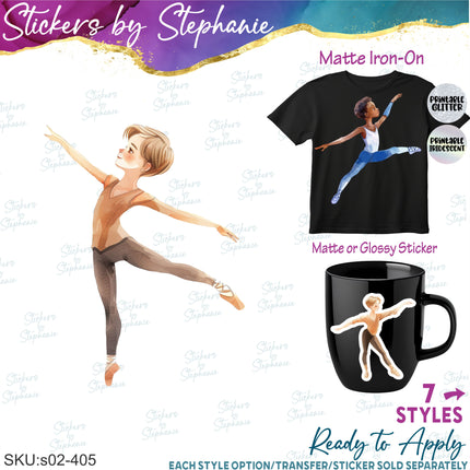 (s02-405) Male Boy Ballerina Ballet Dancer Watercolor Iron-On Transfer or Sticker