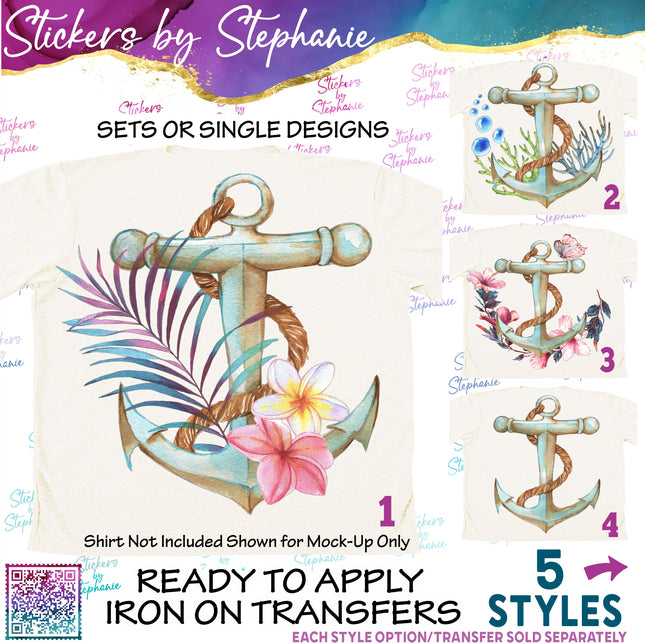 (s02-406) Anchor Flowers Watercolor Graphic Iron-On Transfer or Sticker