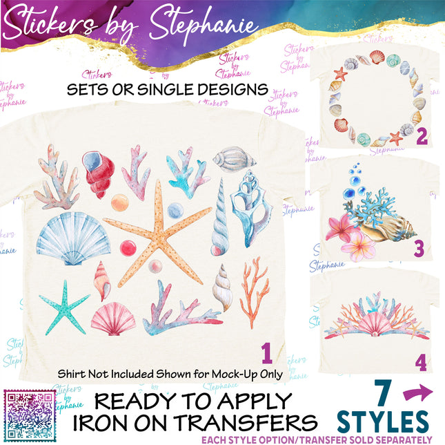 (s02-407) Sea Shells Seashells Watercolor Graphic Iron-On Transfer or Sticker