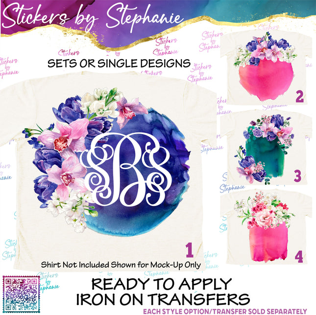 (s02-408) Orchids Flowers Watercolor Graphic Iron-On Transfer or Sticker