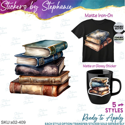 (s02-409) Watercolor Books Graphic Iron-On Transfer or Sticker