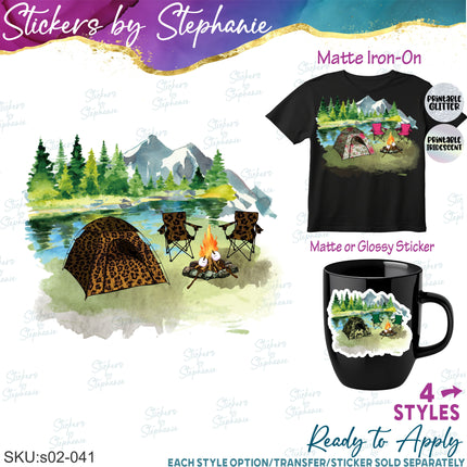 (s02-041) Tent Camping Campfire Watercolor Graphic Iron-On Transfer or Sticker