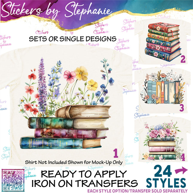 (s02-410) Watercolor Books Floral Flowers Graphic Iron-On Transfer or Sticker