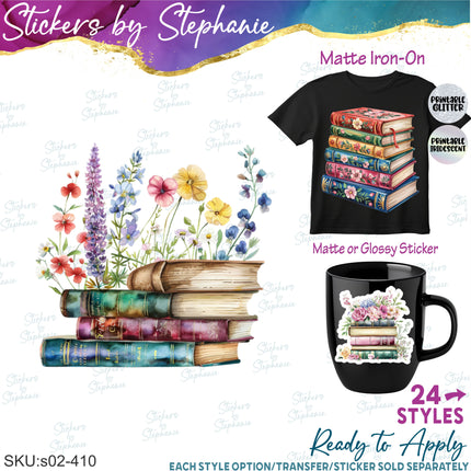 (s02-410) Watercolor Books Floral Flowers Graphic Iron-On Transfer or Sticker