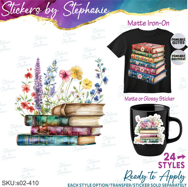 (s02-410) Watercolor Books Floral Flowers Graphic Iron-On Transfer or Sticker