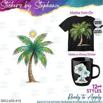 (s02-412) Palm Tree Watercolor Illustrated Graphic Iron-On Transfer or Sticker