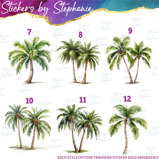 (s02-412) Palm Tree Watercolor Illustrated Graphic Iron-On Transfer or Sticker