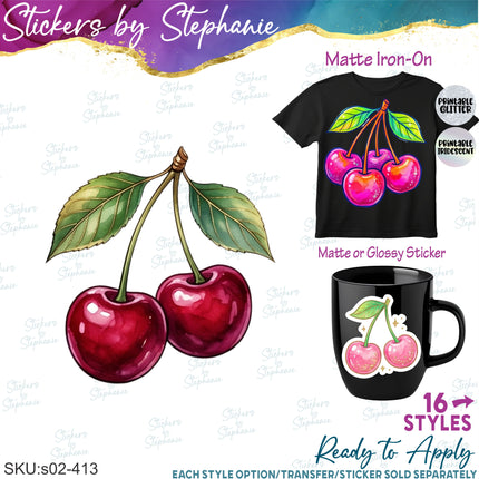 (s02-413) Cherry Cherries Bow Illustrated Graphic Iron-On Transfer or Sticker