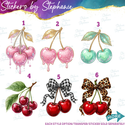 (s02-413) Cherry Cherries Bow Illustrated Graphic Iron-On Transfer or Sticker