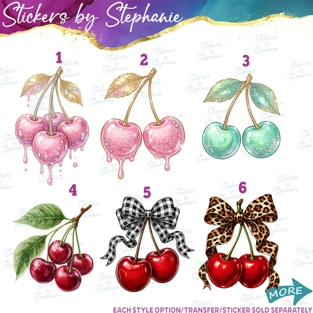 (s02-413) Cherry Cherries Bow Illustrated Graphic Iron-On Transfer or Sticker