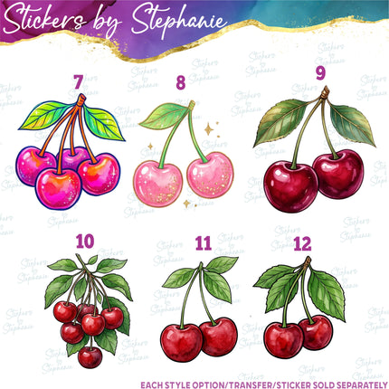 (s02-413) Cherry Cherries Bow Illustrated Graphic Iron-On Transfer or Sticker