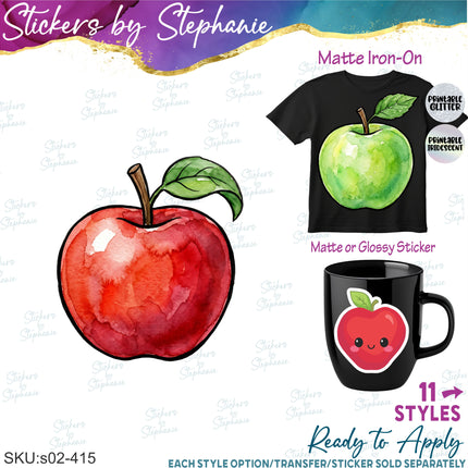 (s02-415) Apple Green Red Apples Illustrated Graphic Iron-On Transfer or Sticker