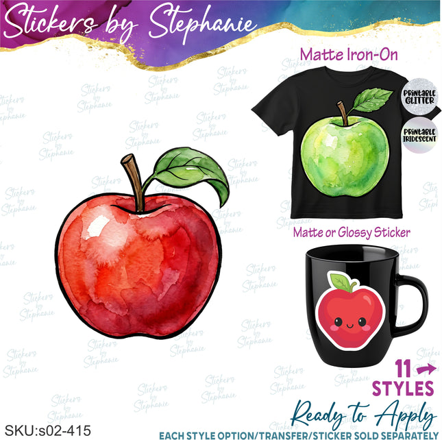 (s02-415) Apple Green Red Apples Illustrated Graphic Iron-On Transfer or Sticker