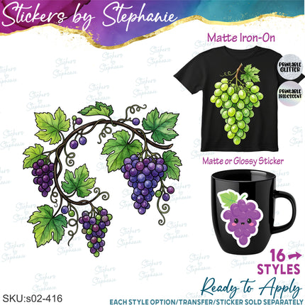 (s02-416) Grapes Green Purple Grapevine Illustrated Graphic Iron-On Transfer or Sticker