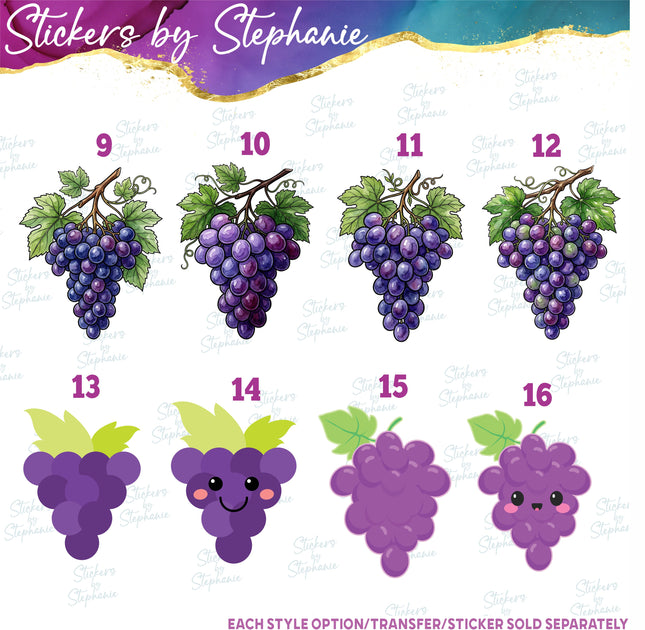 (s02-416) Grapes Green Purple Grapevine Illustrated Graphic Iron-On Transfer or Sticker