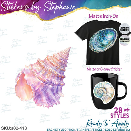 (s02-418) Seashells Shells Watercolor Graphic Iron-On Transfer or Sticker