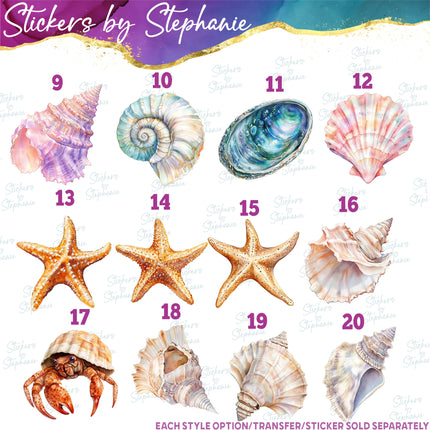 (s02-418) Seashells Shells Watercolor Graphic Iron-On Transfer or Sticker