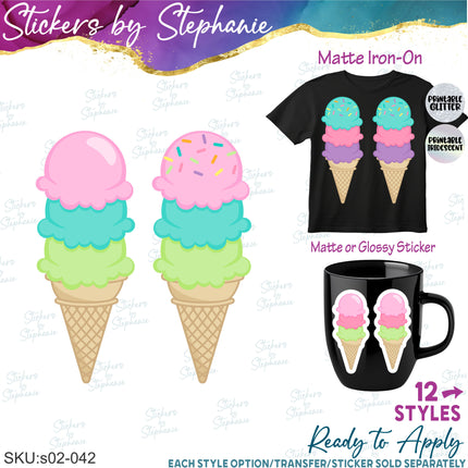 (s02-042) Colorful Triple Scoop Ice Cream Cone Sprinkles Graphic Iron-On Transfer or Sticker