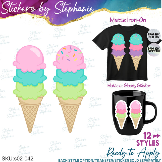 (s02-042) Colorful Triple Scoop Ice Cream Cone Sprinkles Graphic Iron-On Transfer or Sticker