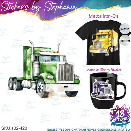 (s02-420) Semi Truck Watercolor Graphic Iron-On Transfer or Sticker