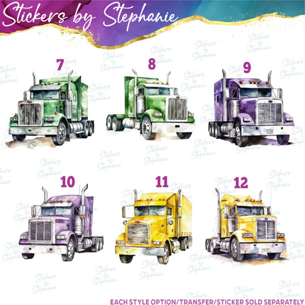 (s02-420) Semi Truck Watercolor Graphic Iron-On Transfer or Sticker