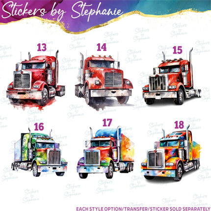 (s02-420) Semi Truck Watercolor Graphic Iron-On Transfer or Sticker