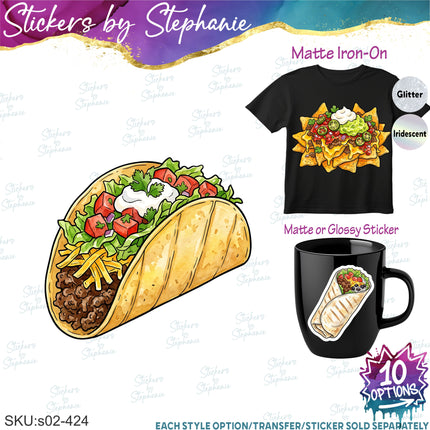 (s02-424) Taco Nachos Burrito Graphic Iron-On Transfer or Sticker
