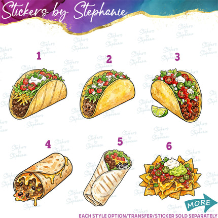 (s02-424) Taco Nachos Burrito Graphic Iron-On Transfer or Sticker