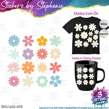 (s02-425) Groovy Retro Flowers Daisies Daisy Iron-On Transfer or Sticker