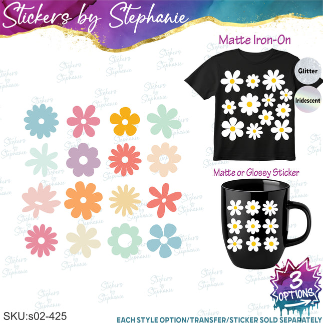 (s02-425) Groovy Retro Flowers Daisies Daisy Iron-On Transfer or Sticker
