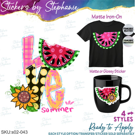 (s02-043) Love Summer Watermelon Graphic Iron-On Transfer or Sticker