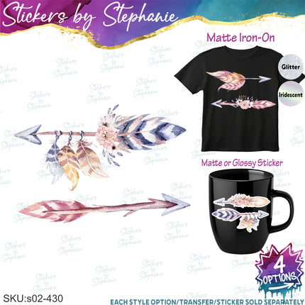 (s02-430) Feather Arrow Arrows Watercolor Iron-On Transfer or Sticker