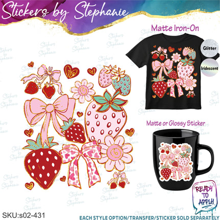 (s02-431) Strawberry Coquette Illustrated Graphic Iron-On Transfer or Sticker